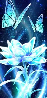 Blue butterflies and glowing flower on a starry background, vibrant mobile wallpaper.