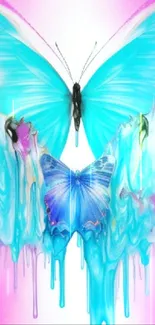 Vibrant blue butterfly art with pink gradient background.