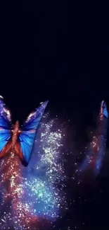 Blue butterfly with night sky background sparkles.