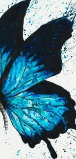 Vibrant blue butterfly with artistic splatter effect on a mobile wallpaper.