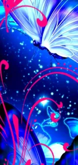 Blue butterflies with pink swirls on a starry background wallpaper.