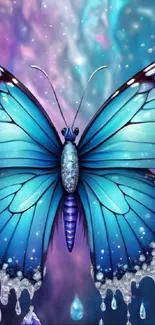 Vibrant blue butterfly on a multicolored background, showcasing detailed artistry.