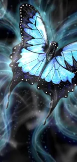 Vibrant blue butterfly on a mystical swirling background.