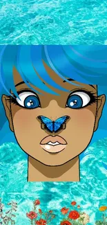 Anime face with blue butterfly on nose against aqua background.