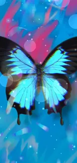 A vibrant blue butterfly with neon accents on a glowing background.