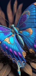 Vibrant blue butterfly resting on leaves.