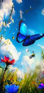 Blue butterfly in colorful flower field under clear sky.