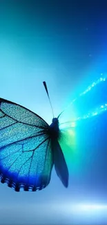 Vibrant blue butterfly with a serene gradient background.