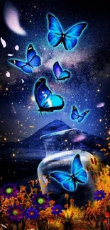 Blue butterflies with glowing stars in a mystical night scene wallpaper.