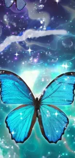 Blue butterfly on mystical, glowing background wallpaper.