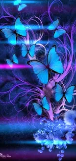 Vibrant blue butterflies with purple swirls on a dark blue mobile wallpaper.