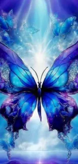 Vibrant blue butterfly with ethereal glow on nature-inspired wallpaper.