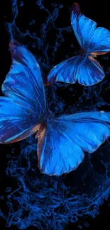 Blue butterflies with water splash effect on dark background.