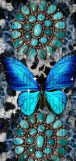 Vibrant blue butterflies on ornate pattern wallpaper.