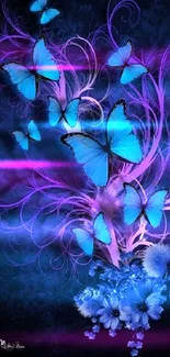 Vibrant blue butterflies with purple floral elements on dark background.