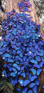 A cascade of blue butterflies on a tree trunk in a lush forest setting.