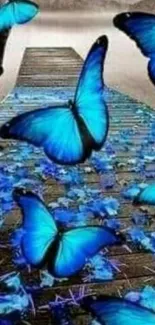 Blue butterflies fluttering over a lake.