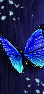 Vibrant blue butterfly with light accents on a dark background.