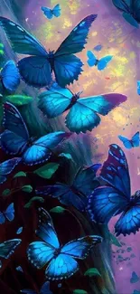 Vibrant blue butterflies fluttering in a forest setting with rich colors.