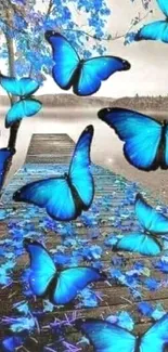 Collection of vibrant blue butterflies near a serene lakeside boardwalk.