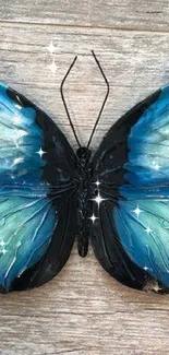 A vibrant blue butterfly with detailed wings on wooden background.