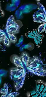 Vibrant blue butterfly pattern wallpaper.