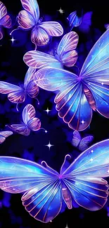 Vibrant blue butterflies on a cosmic background