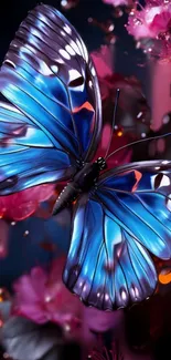 Vibrant blue butterfly on pink flowers wallpaper.