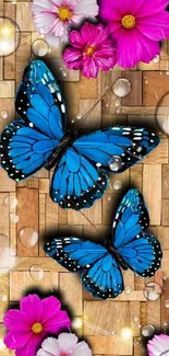 Vibrant blue butterflies with colorful flowers on wood background.