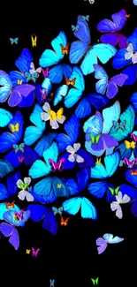 Vibrant blue butterflies flutter on a black background, creating a stunning mobile wallpaper.