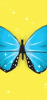 Vibrant blue butterfly with yellow background and sparkling stars.