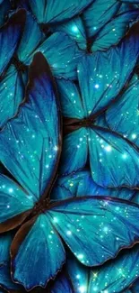 Vibrant blue butterflies with glitter effects.