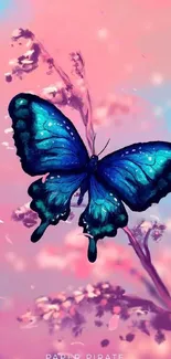 Blue butterfly on pastel flowers wallpaper