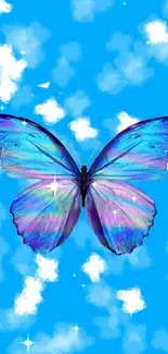 Vibrant blue butterfly with clouds on a bright sky background.