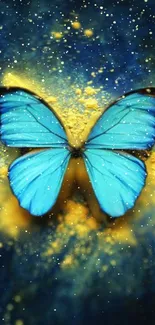 Vibrant blue butterfly with glowing dust on cosmic background.