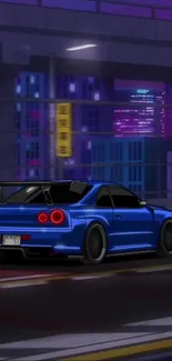 Animated blue sports car in neon-lit urban cityscape.