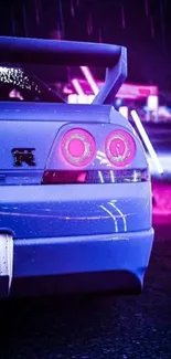 Vibrant blue JDM car at night with neon elements.