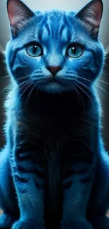 Vibrant blue cat on a wooden surface with striking blue eyes.