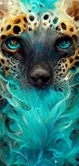 Colorful cat art with blue fur and spotted pattern.