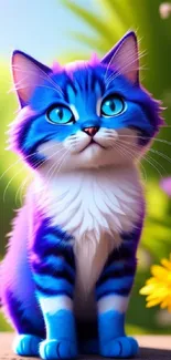 Vibrant blue cat sitting in green nature with flowers.