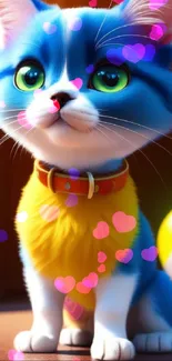 Vivid blue and yellow cat with bright eyes in a playful setting.