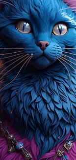 Vibrant digital art of a blue and pink cat with detailed textured fur.