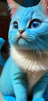 Vibrant blue cat wallpaper with big eyes and fluffy fur.