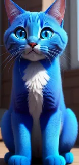 Bright blue cartoon cat sitting outdoors.