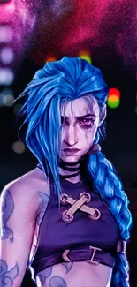 Blue-haired character with vibrant city background.