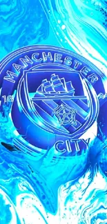 Vibrant blue abstract wallpaper with city emblem.