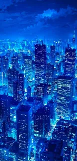 Vibrant blue cityscape at night with skyscrapers and lights.