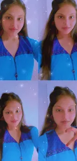 Collage of a woman in blue attire creating vibrant expressions.