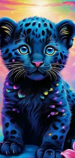 Vibrant blue cub in a colorful fantasy setting.