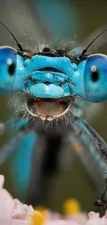 Close-up of a vibrant blue damselfly on a flower.